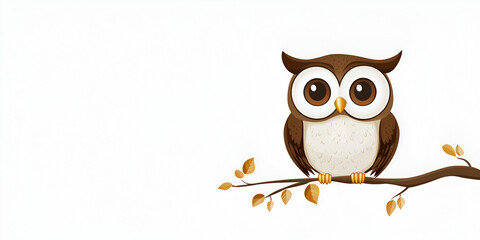 Wise Owl Perched on a Branch: A charming cartoon illustration of a brown owl with large, round eyes, perched on a bare branch with a few autumn leaves. It conveys a sense of wisdom, tranquility.