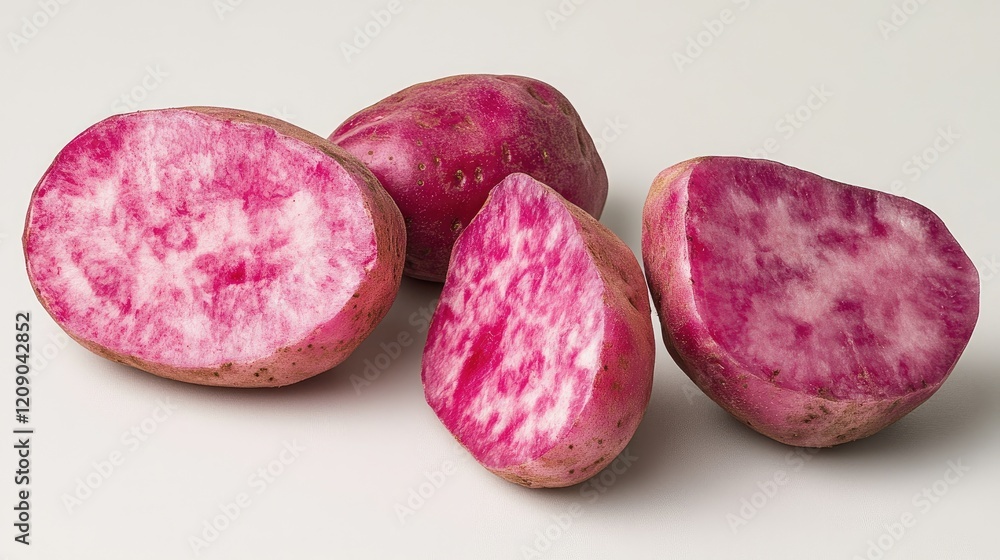 Poster colorful sliced red and pink potatoes showcasing unique patterns and textures on a light background 