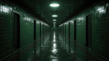 Eerie green hospital corridor, wet floor, dim lighting, mystery. Horror film background