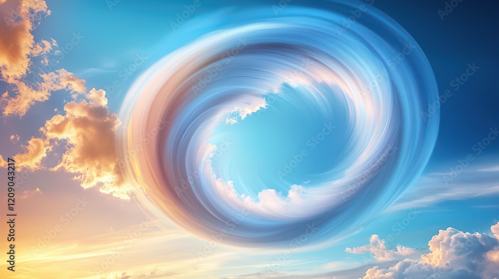 Poster a surreal image of clouds swirling in a vortex pattern, creating an almost mystical look in the sky.