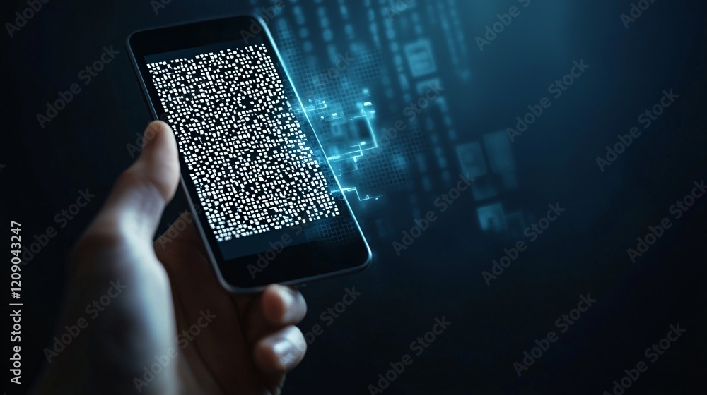 Poster a close-up of a hand scanning a barcode or document with a smartphone, symbolizing seamless informat