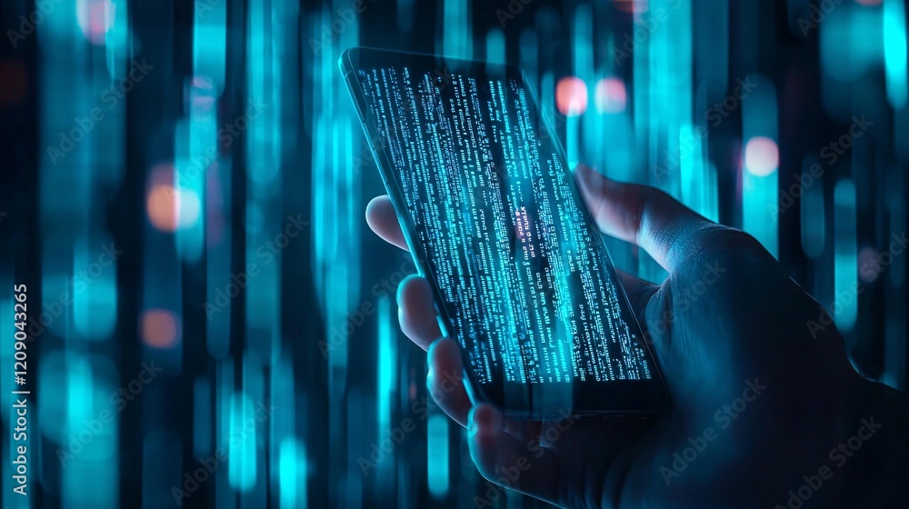 Poster a close-up of a hand scanning a barcode or document with a smartphone, symbolizing seamless informat