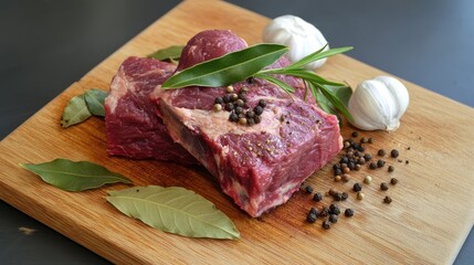 Raw beef ribs with garlic bay leaves and peppercorns arranged on a wooden cutting board ready for seasoning and preparation in a kitchen scene