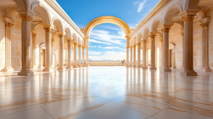 Fototapeta premium A symmetrical shot of an ancient courtyard with marble pillars and arches.