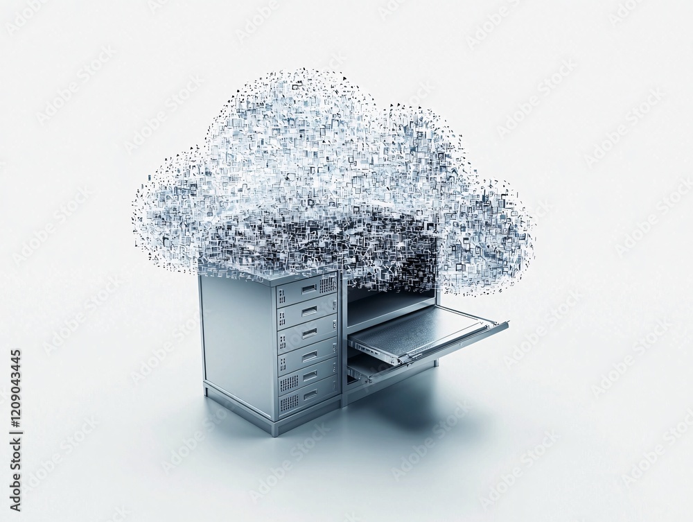 Poster a graphic image of a file cabinet transitioning into a digital storage cloud, representing modern do