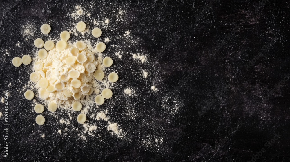 Poster raw round pasta scattered on dark surface with flour creating a cooking scene top view flat lay with