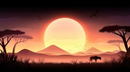 A vast African savannah at sunset with a silhouette of acacia trees and grazing wildlife, embodying natural beauty.