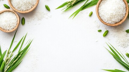 Raw rice in wooden bowls surrounded by green rice plants on white background in a top view composition for food and health themes