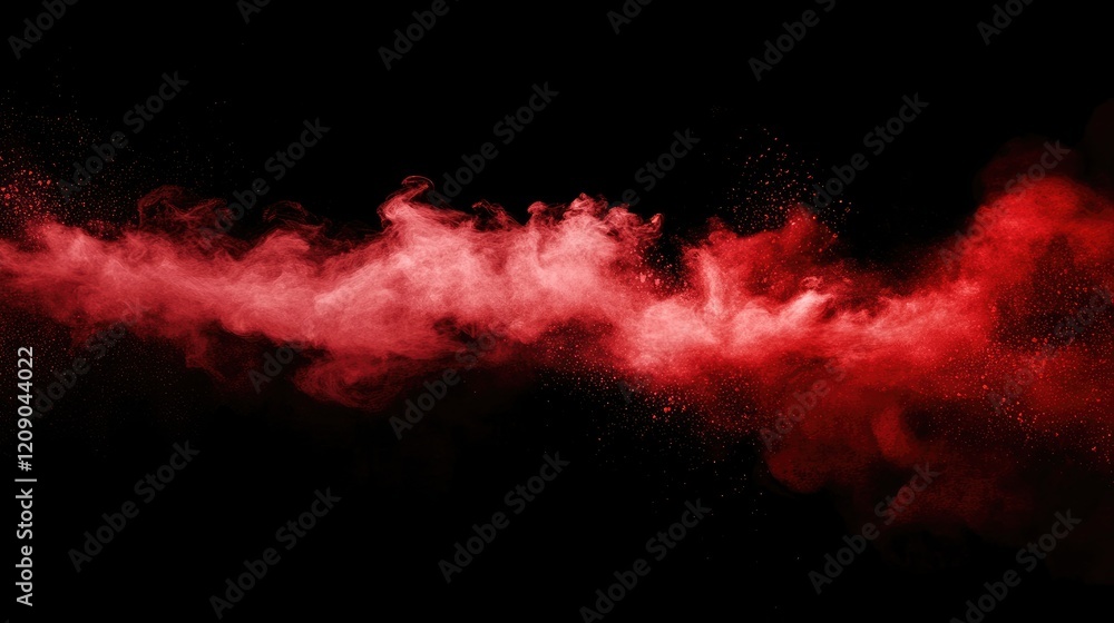 Poster vibrant red powder explosion creating dynamic abstract patterns against a solid black background for