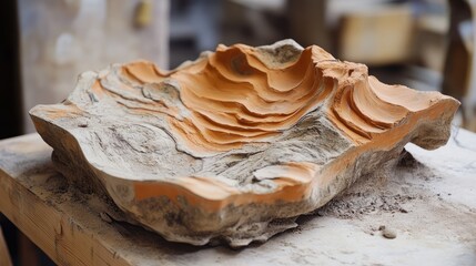 Terracotta design plan with layered clay texture in natural tones on wooden table highlighting artisan craftsmanship and raw materials in a workshop setting