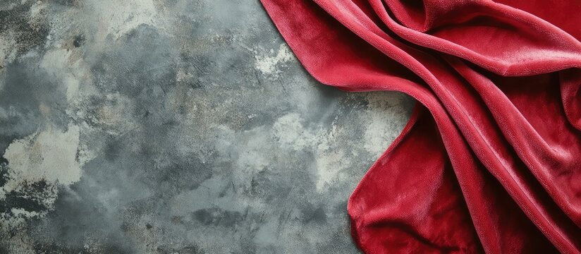 Elegant crimson red velvet fabric gracefully draped on a textured gray stone surface with ample space for custom text or branding