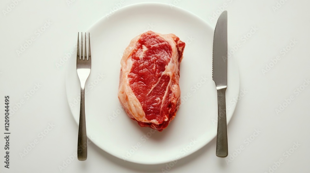 Poster raw pork chop on a white plate with a knife and fork arranged neatly for a culinary presentation or 