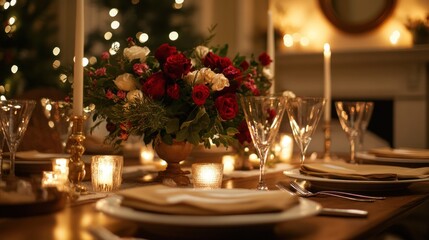 Romantic Dinner Table Setting with Candlelight and Flowers