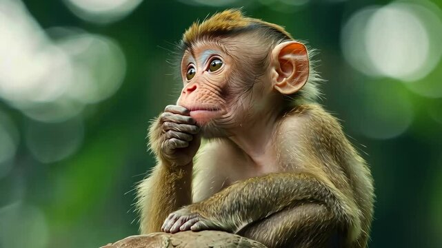 Curious young monkey sitting on a rock in a lush green forest during daylight