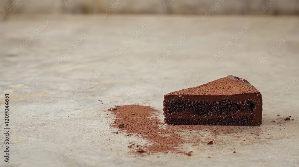 Poster decadent raw chocolate cake slice with cocoa powder on textured neutral floor background in soft nat