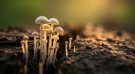 A delicate enoki mushroom cluster emerging from a crack in the earth