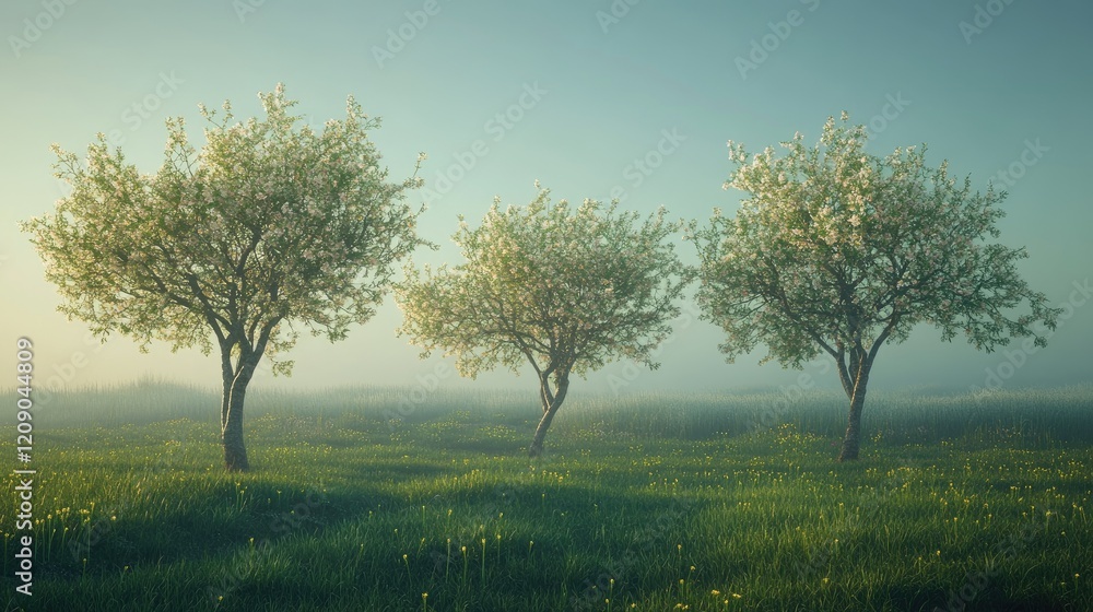 Poster spring scene featuring three blossoming trees amid a lush green meadow with soft morning fog creatin