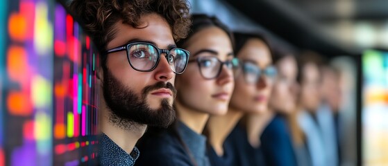 Focused young professionals observing data on a screen.