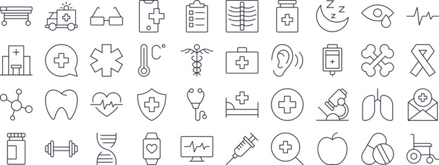 Medical Cross, Heart, Bones, Health Care Line Icon Pack. Minimalistic Linear Pictogram for Web and Graphic Design, Apps, Banners, Social Network and Cards