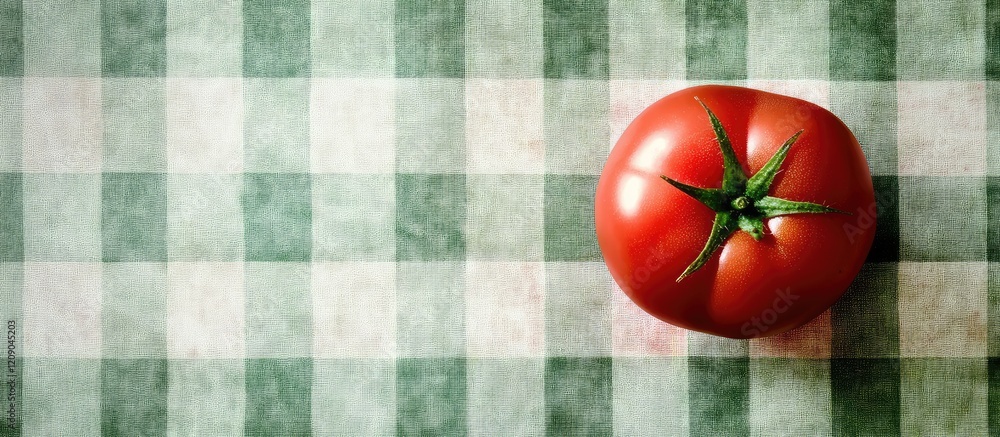 Poster fresh red tomato positioned on green and white checkered tablecloth with ample empty space for text 