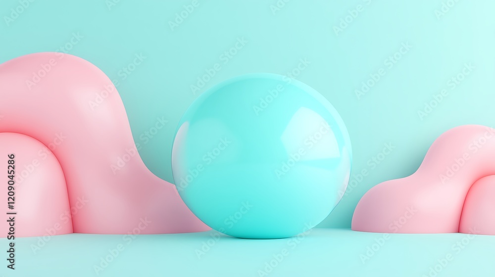 Poster soft pastel background with 3d sphere surrounded by curvy shapes in calm color palette
