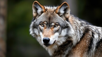 Fototapeta premium Gray wolf portrait showcasing its distinctive features in a natural setting, emphasizing the wild beauty of this iconic canine species.