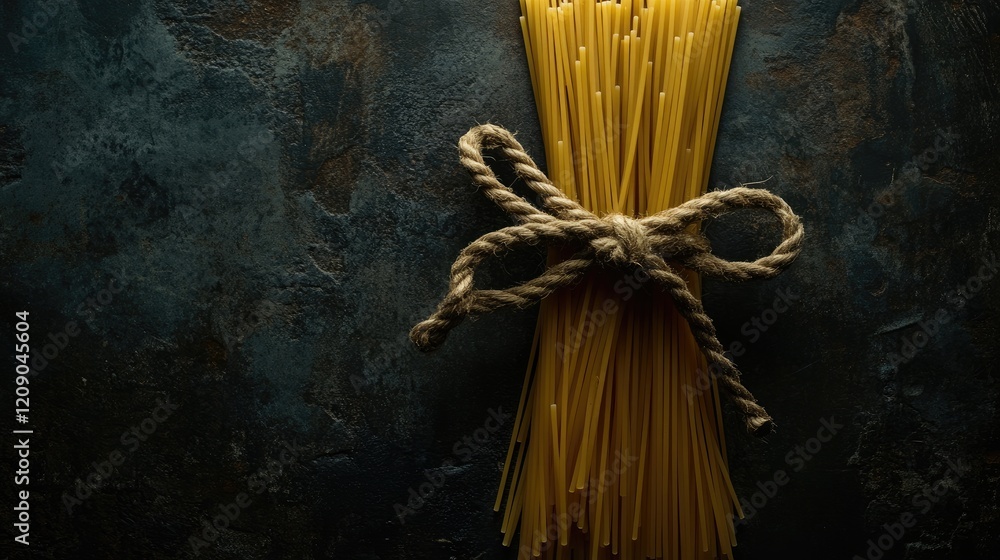Poster raw spaghetti bundle tied with rope on dark textured background showcasing culinary simplicity and r