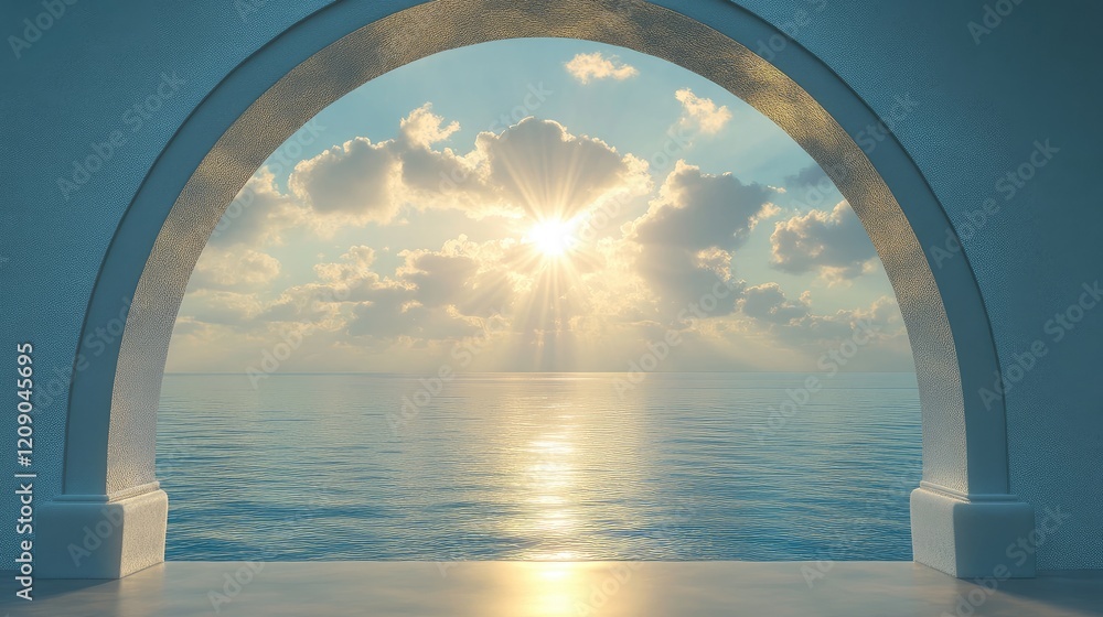 Aufkleber sunbeams illuminating tranquil sea through an elegant archway with soft clouds and a serene atmosphe
