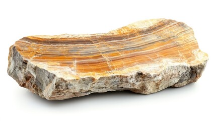 Petrified wood specimen featuring orange and brown banding, placed on a clean white background for clear visibility.