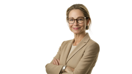 Portrait of a smiling middle-aged business woman in a beige suit and glasses, standing with her arms crossed, isolated on a white background