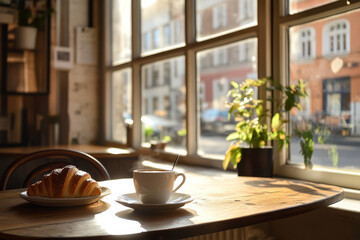 Enjoying a serene morning with coffee and croissant at a cozy cafe