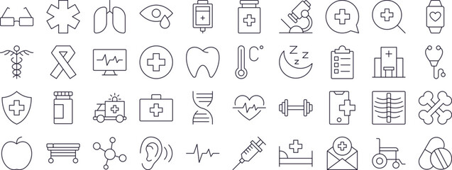 Medical Cross, Heart, Bones, Health Care Outline Web Line Icons Collection. Minimalistic Linear Pictogram for Web and Graphic Design, Apps, Banners, Social Network and Cards