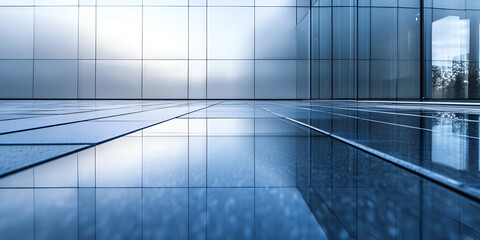 Modern Architecture Reflection: An abstract minimalist view of sleek modern architecture with a reflective floor, showcasing a sense of clean lines, vast space, and a contemporary aesthetic. 