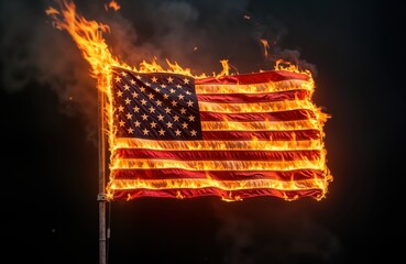 American flag burns fiercely on dark background. National symbol ablaze. Dramatic image of burning flag. Powerful visual with intense flames engulfing flag. Symbol of protest. Photo highlights