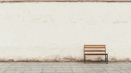 Simple wooden bench against a textured off-white wall.