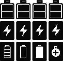 Battery Icons Set Showing Various Power Levels and Types