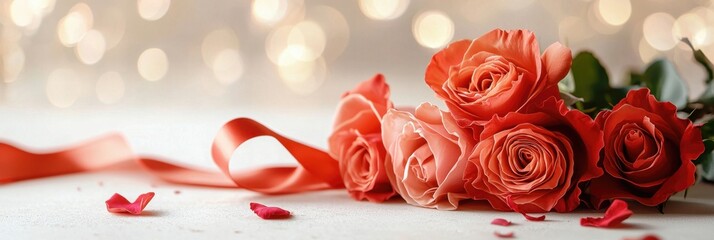 A delicate arrangement of soft pink roses with scattered petals and a ribbon, set against a dreamy blurred background.