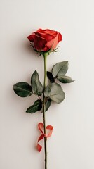 A single red rose with green leaves and a ribbon, elegantly displayed against a light background, symbolizing love and beauty.