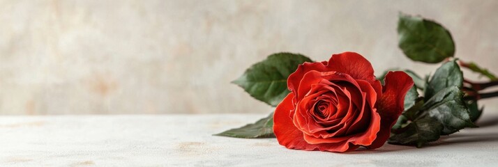 A vibrant red rose with green leaves rests elegantly on a light background, symbolizing love and beauty.
