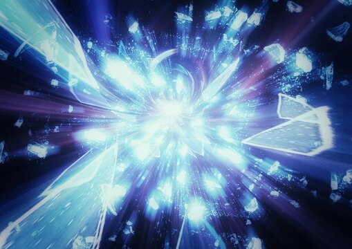 3d illustration of broken blue glass shards scattering on black background