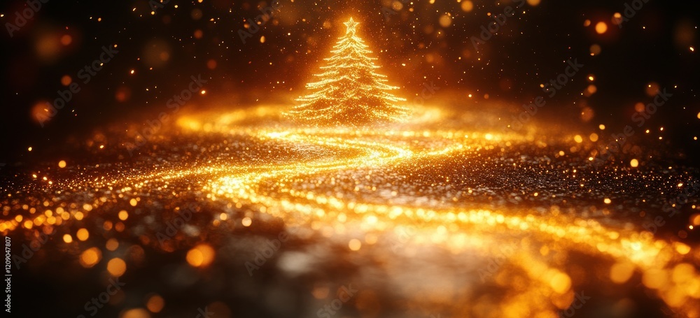 Aufkleber golden sparkling christmas tree with magical lights in abstract night setting