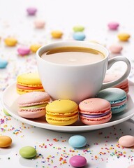 Colorful Macarons and Coffee on White Plate 