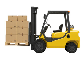 yellow forklift carrying a pallet of stacked cardboard boxes, isolated on white background