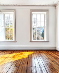 Fototapeta premium Bright airy room with large windows showcasing natural light in a serene setting