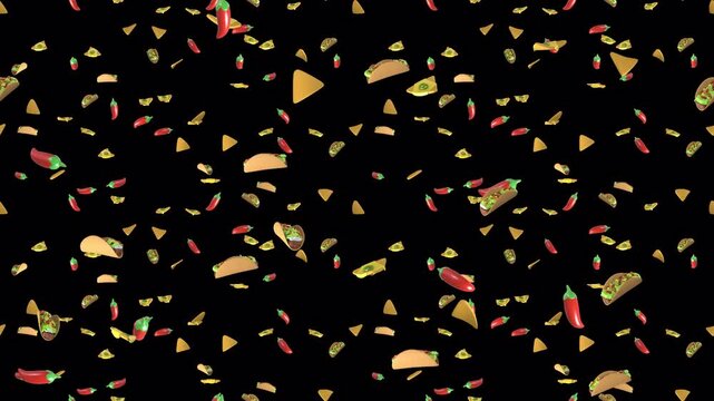 MEXICAN FOOD Cartoon loop tile falling with alpha channel. This is a cartoony loopable and tileable element with transparency. Great as transparent LED content
