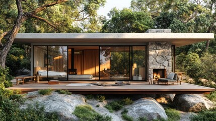 Obraz premium A spacious, stylish wooden house designed in a Scandinavian architectural style, located near Wilsons Promontory, South Australia