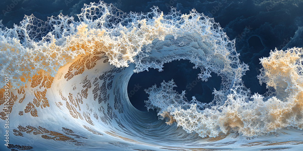 Poster ocean's fury: a breathtaking abstract image of a crashing wave, captured in a dynamic swirl of white