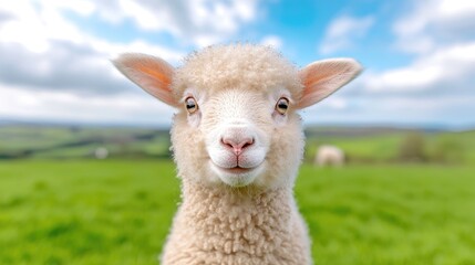 Obraz premium Cute lamb in green pasture, sunny day. Farm animal portrait, idyllic rural scene