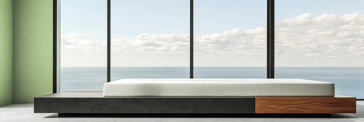 Fototapeta premium Minimalist bedroom design with large windows overlooking the ocean at sunrise