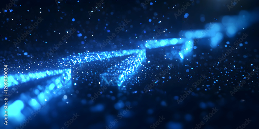Poster abstract blue arrows: glowing, blue, arrow-shaped particles streak across a dark background, creatin